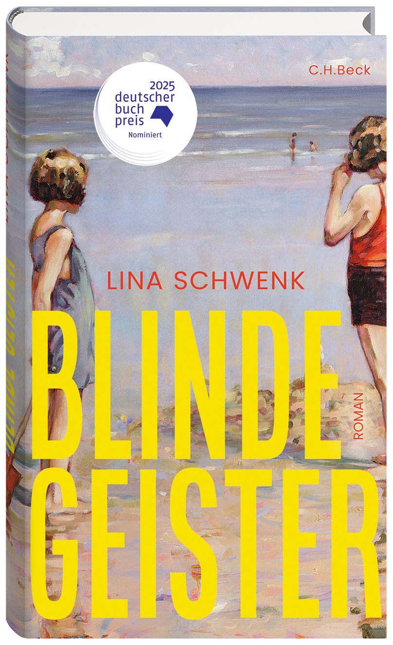 Cover: Lina Schwenk, Blinde Geister. Zwei Kinder am Stand, gemalt im realistischen Stil.