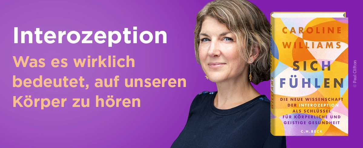 Zu sehen ist Caroline Williams, daneben das Cover ihres Buches "Sich fühlen"
